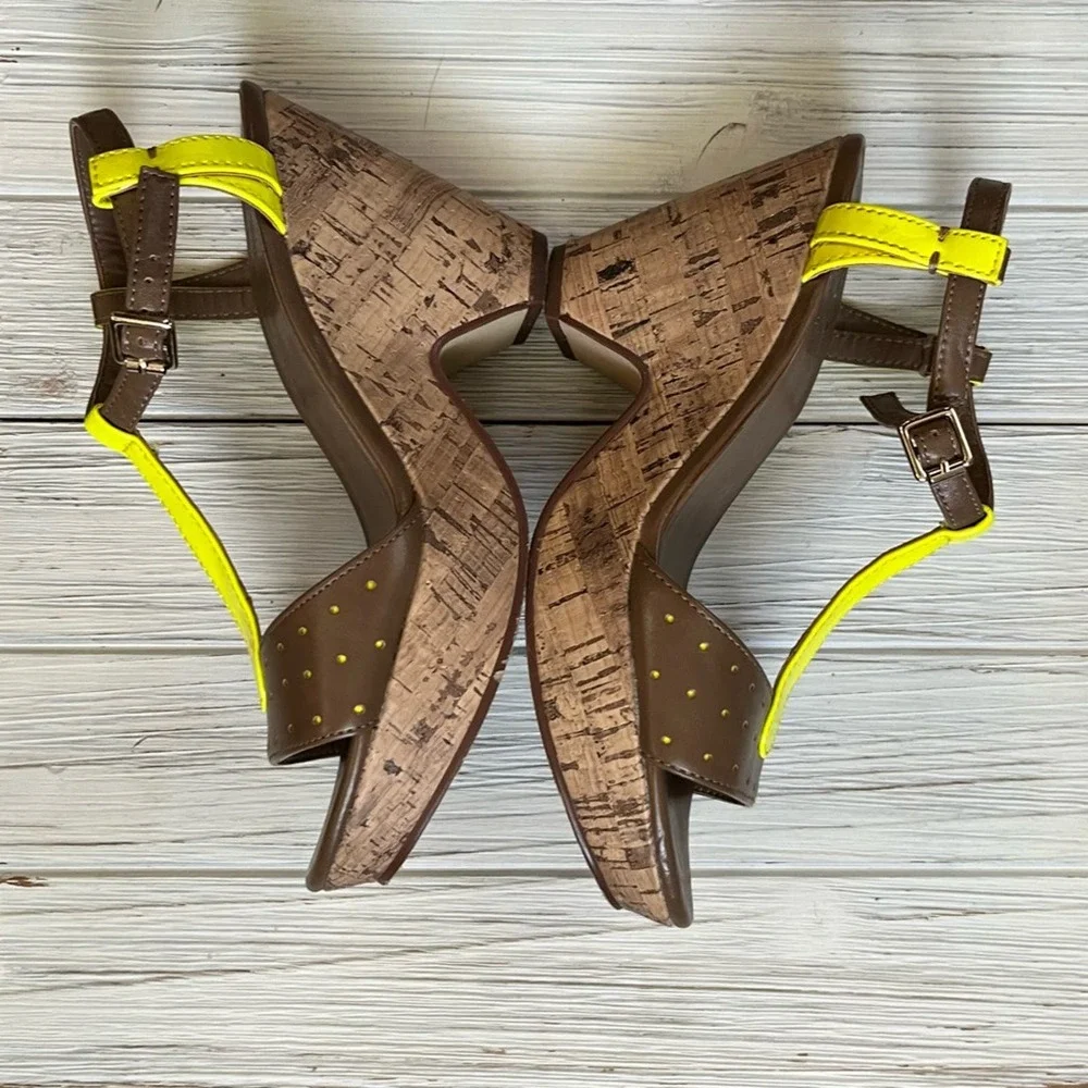 Sbicca California Neon Yellow Cork Wedge Heels 6